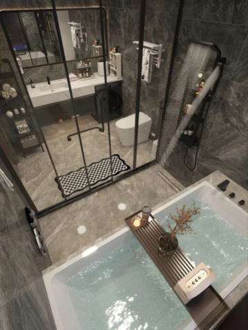 Khu vực bồn tắm và hoa sen ngăn cách khu vực vệ sinh bằng cửa kính
