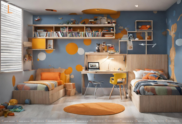 Phòng ngủ dành cho bé trai với tông màu xanh điểm nhấn những hình tròn màu cam không gian rộng phù hợp cho 2 bé