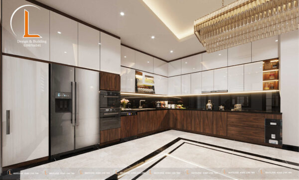 Không gian bếp đầy đủ tiện nghi tủ bếp kết hơp màu vân gỗ cùng màu trắng tạo nên vẻ đẹp hài hòa tổng thể