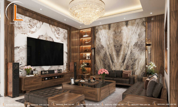 Phòng khách có nội thất gỗ sang trọng và hiện đại phù hợp 