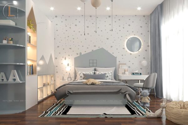 Thiết kế giường cho bé trai là hình ngôi nhà với tông màu xám xanh êm dịu 