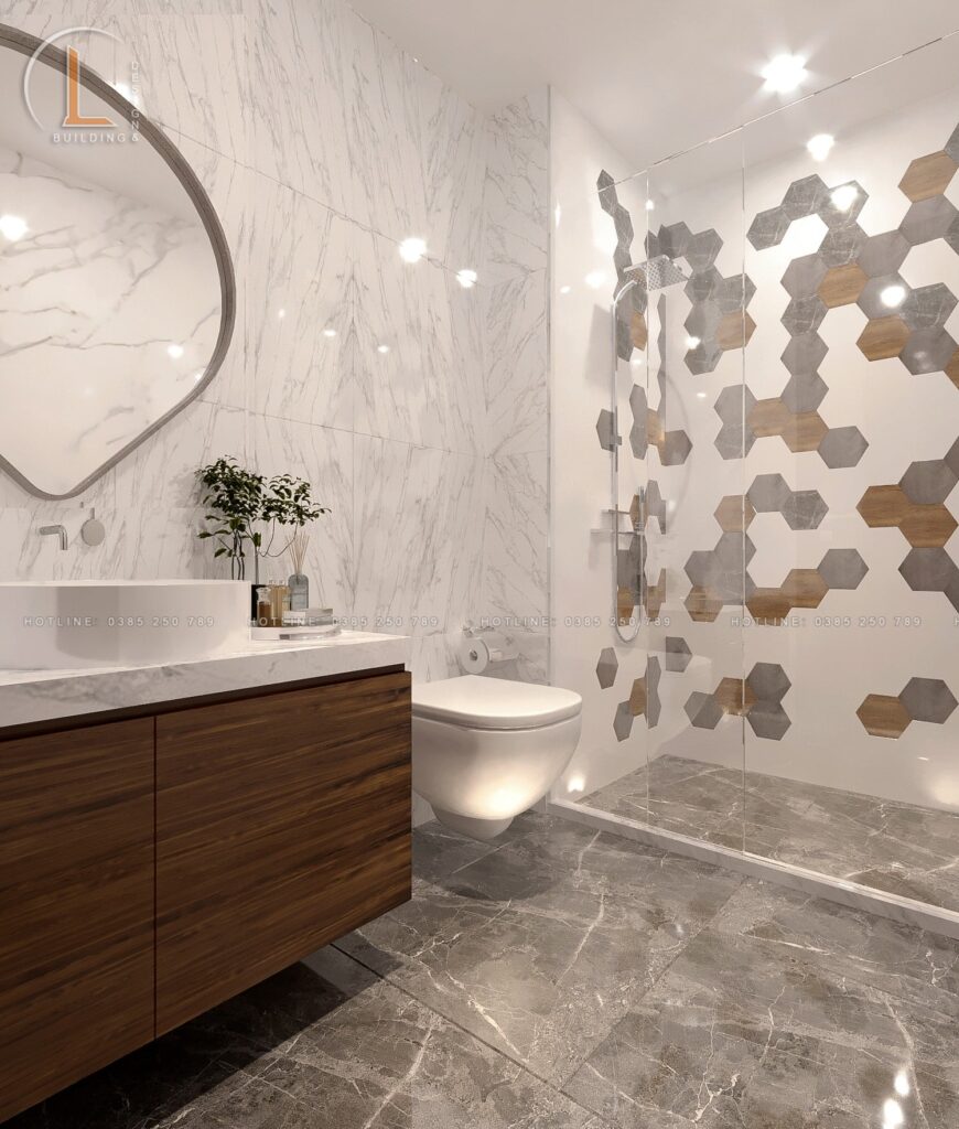 WC thiết kế phòng tắm kính trang trí thêm tinh dầu thơm phòng