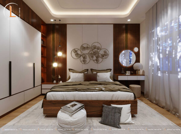 Phòng ngủ thiết kế với những nan sóng tạo không gian ấm cúng