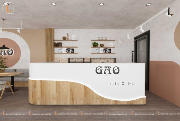 Quầy bar quán cafe thiết kế với tông màu trắng và gỗ