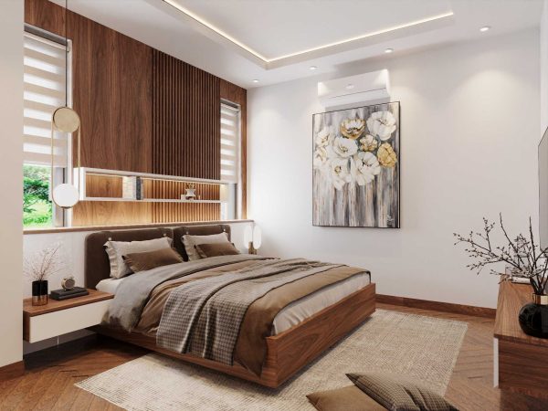 Phòng ngủ dành cho bố mẹ ấm cúng và ấm áp do chủ yếu sử dụng gỗ