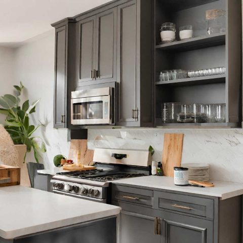 Không gian phòng bếp kết hợp màu xám lông chuột và màu trắng giúp không gian bếp hài hòa