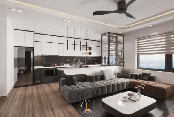 Phòng bếp thường thấy trong căn hộ với diện tích hạn chế và thông với phòng khách