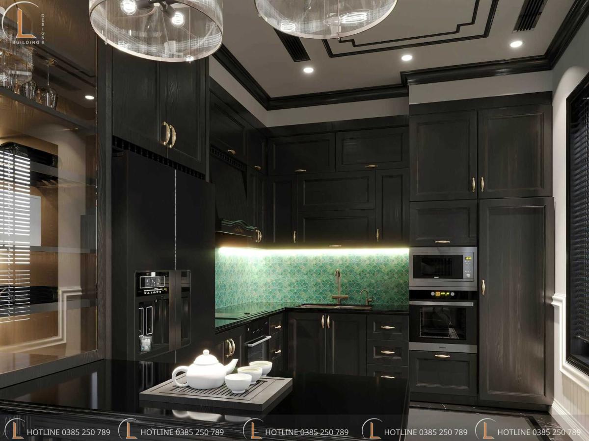 Phòng bếp thiết kế tông màu đen điểm nhấn là backsplash màu xanh ngọc