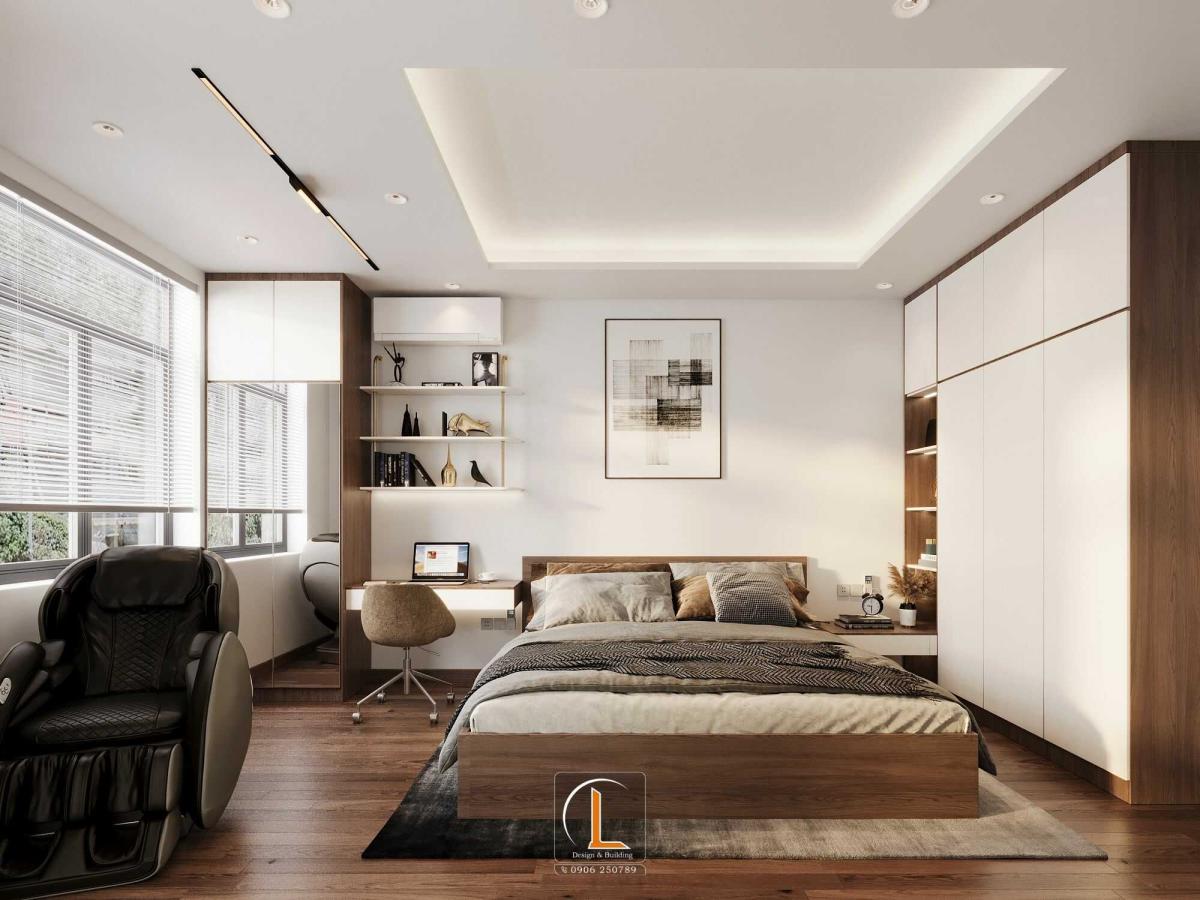 Phòng ngủ master sử dụng gam màu trung tính với trần nhà giật cấp