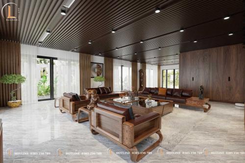 Phòng khách sử dụng nội thất gỗ mang cảm giác sang trọng và ấm cúng
