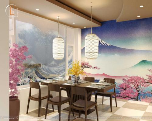 Núi phú sĩ và hoa anh đào là điểm đặc trưng của thiết kế nhà hàng Nhật