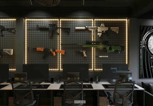 Trang trí các khẩu súng trên tường giúp không gian thêm độc đáo và tạo điểm nhấn với khách hàng