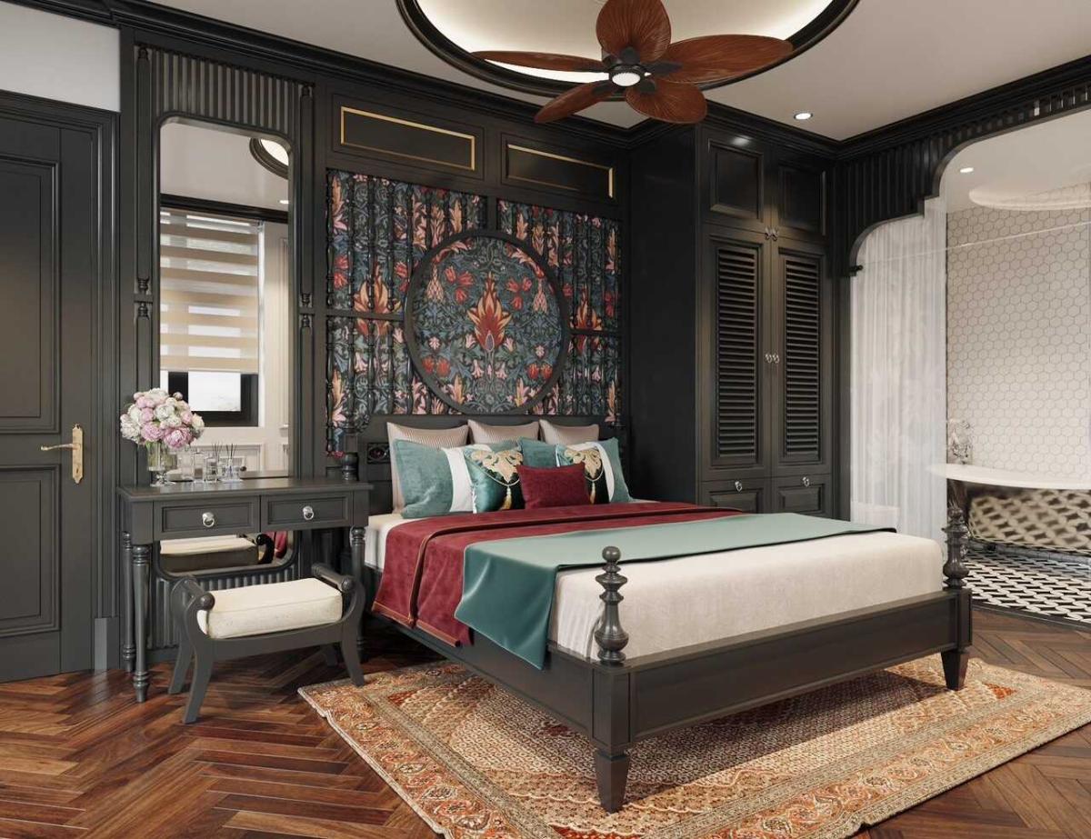 Vách đầu giường được trang trí họa tiết nổi bật đậm chất phong cách indochine